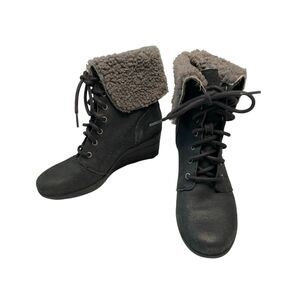 UGG Black Waterproof Wedge Lace Up Foldover Shearling Winter Boots Women 7